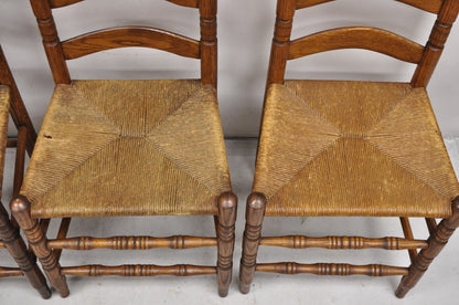 Antique Ladderback Primitive Rustic Oak Wood Rush Seat Dining Chairs - Set of 4