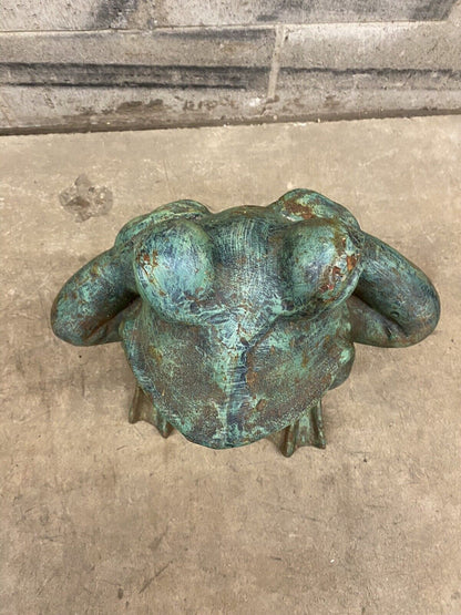 Vintage Hollywood Regency Green Cast Iron Garden Frog Statue "Hear no Evil"