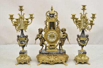 Vintage French Louis XV Style Brevetatto Italy Brass & Marble Figural Clock Set