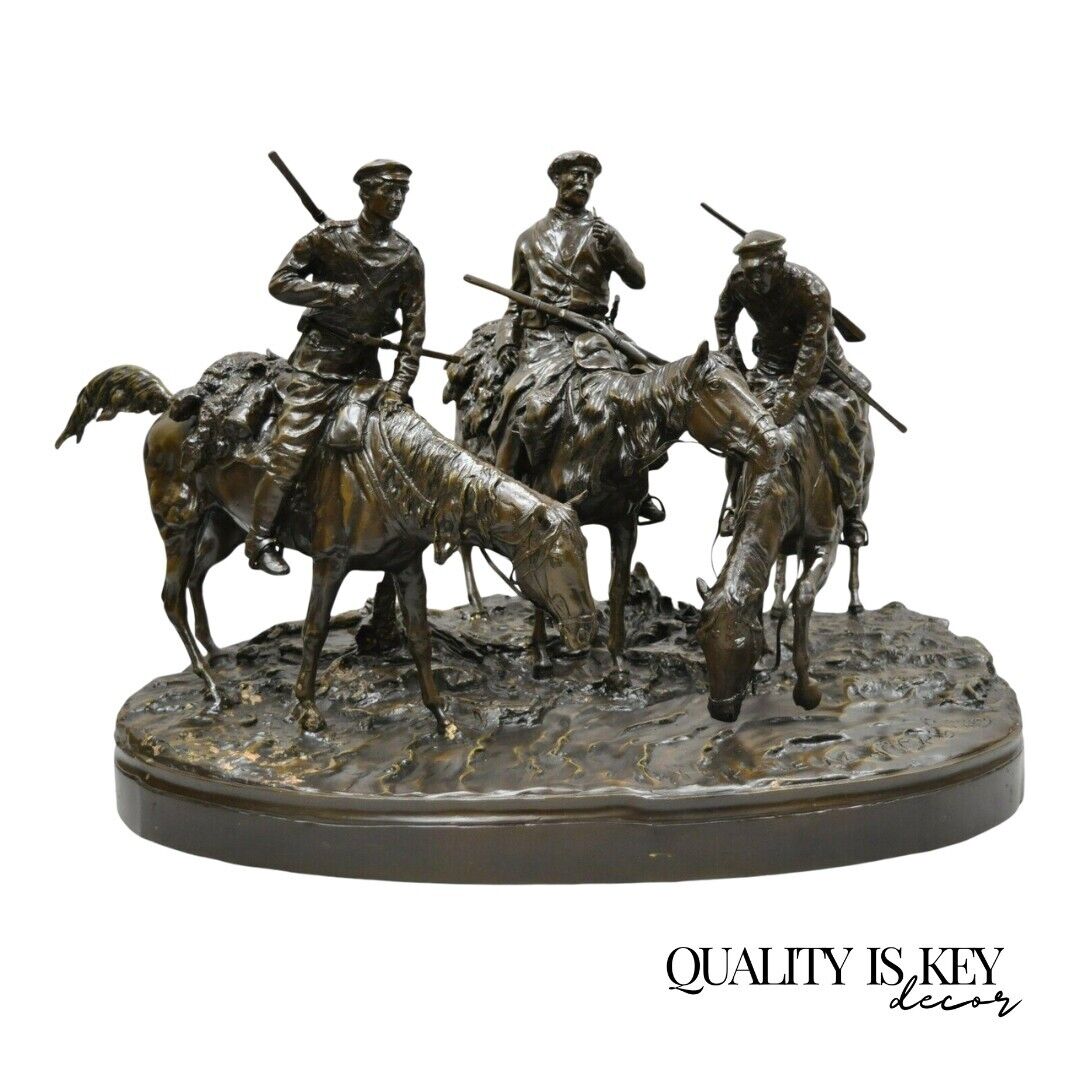 Large Bronze Statue 3 Horse Rider Hunt Scene after Evgeni Alexandrovich Lanceray