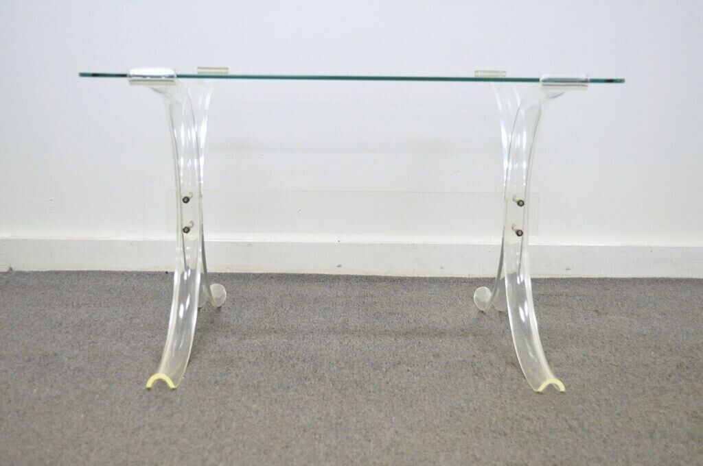 Vintage Mid Century Modern Glass Top Lucite X Form Butterfly Side End Table