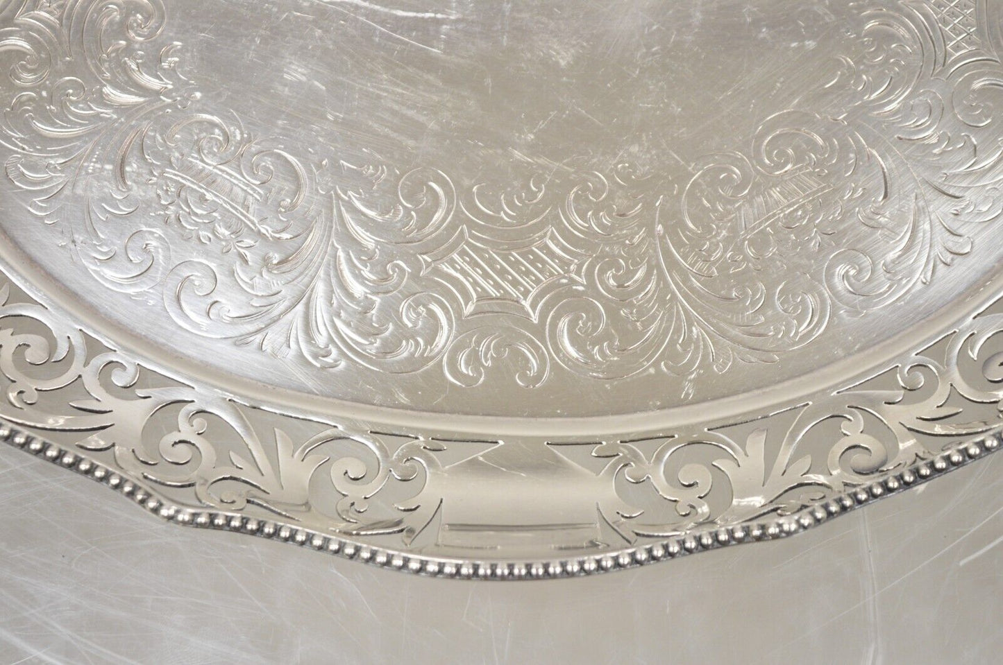 Antique Victorian Silver Plated Reticulated Scroll Gallery Small Oval Tray