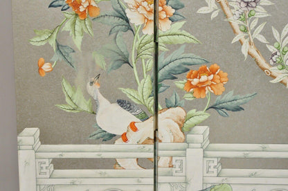 Vintage Chinoiserie Silver Leaf Birds Butterflies 4 Panel Screen Room Divider B