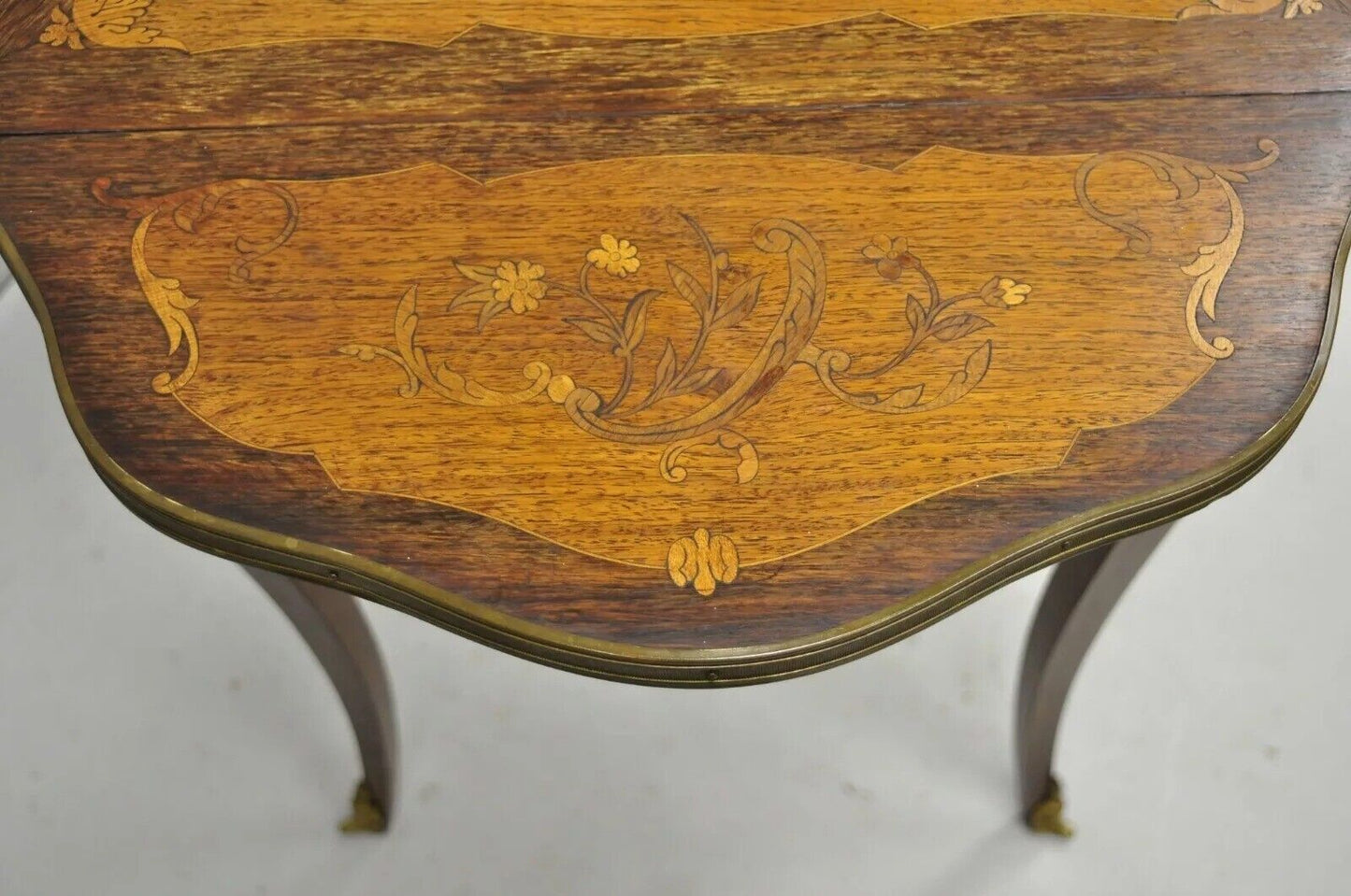 French Louis XV Satinwood Inlay Triple Drop Leaf Side Table with Bronze Ormolu