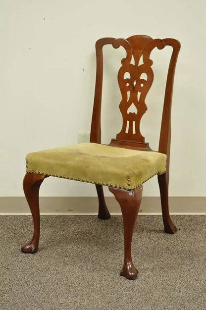Antique Chippendale Queen Anne Style Mahogany Dining Side Chair with Suede Seat
