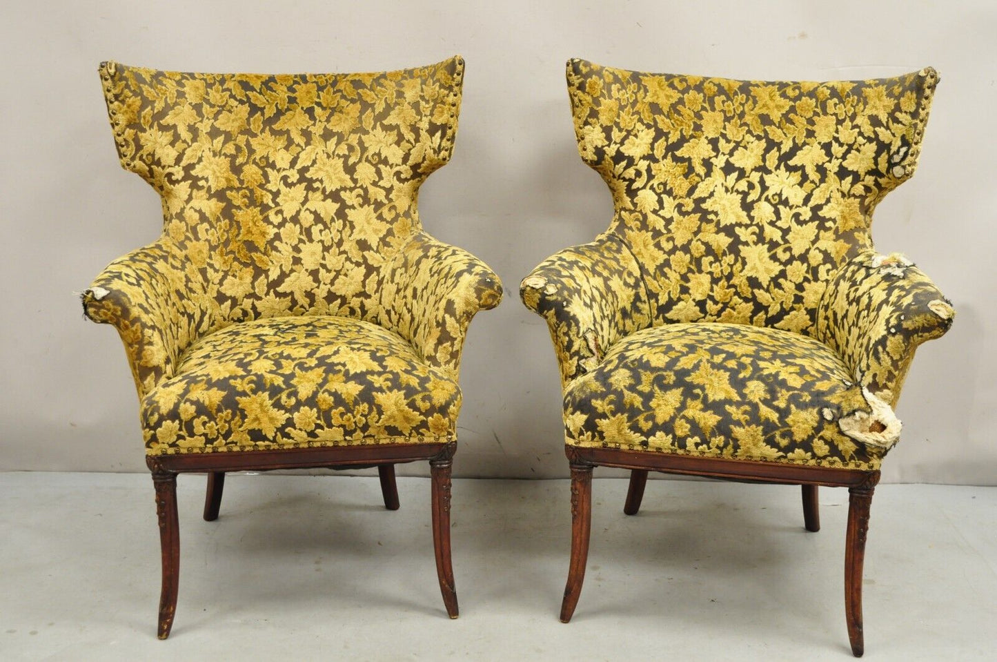 Vintage Hollywood Regency Carved Mahogany Wingback Fireside Lounge Chairs - Pair