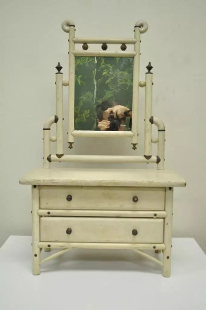 Antique Arts & Crafts Small Salesman Sample White Bentwood Dresser & Mirror
