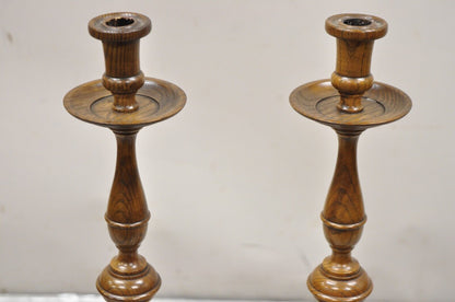 Vtg Italian Renaissance Jacobean Turn Carved Oak Wood 18.5" Candlesticks a Pair