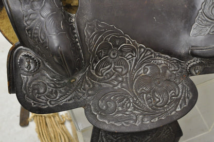 Vintage Brown Tooled Leather Floral Embossed 15" Seat Horse Saddle