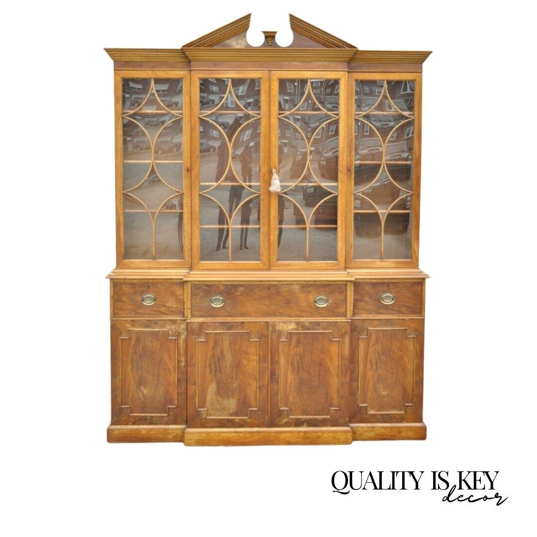 Beacon Hill Georgian Mahogany Broken Arch Breakfront China Cabinet Desk Bookcase