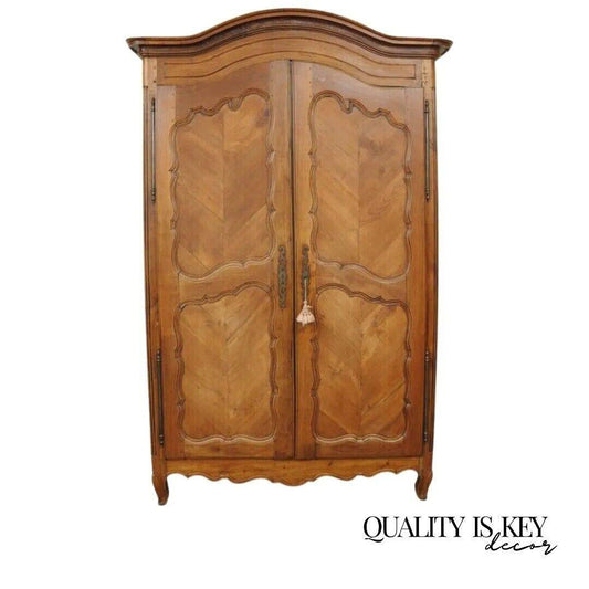 French Country Provincial Walnut Bonnet Top Armoire Wardrobe Cabinet