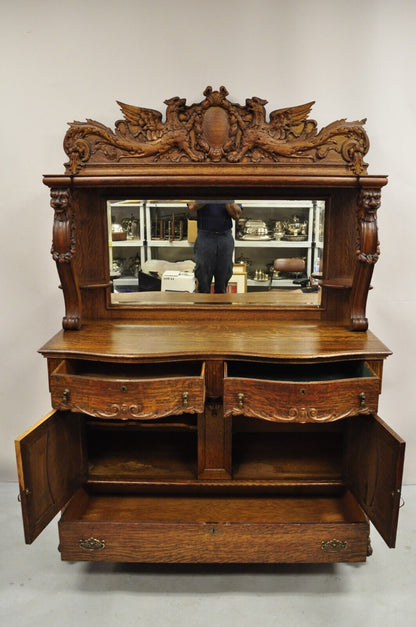 Antique Victorian Figural Lion & Griffin Carved Oak Wood Sideboard Buffet