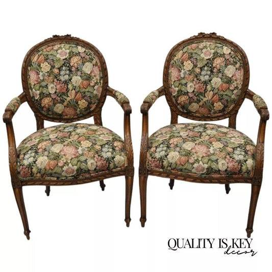 Vintage French Country Louis XV Style Carved Round Back Walnut Arm Chairs - Pair