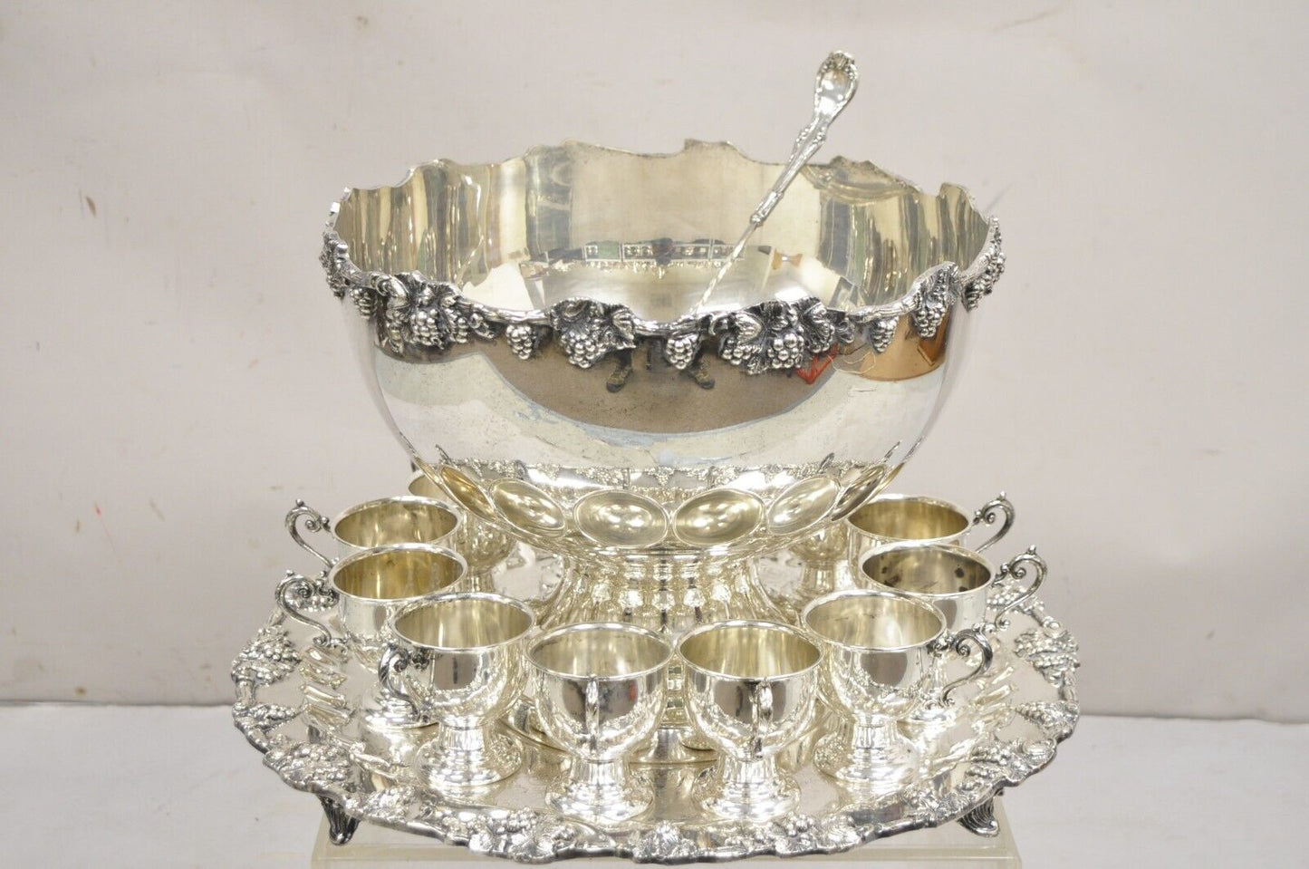 Vintage Victorian Style Silver Plated Grapevine Punch Bowl Set 12 Cups - 15 pcs