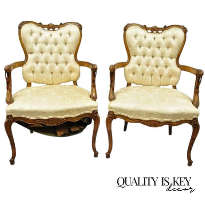 Vintage Hollywood Regency French Louis Style Drape Carved Arm Chairs - a Pair