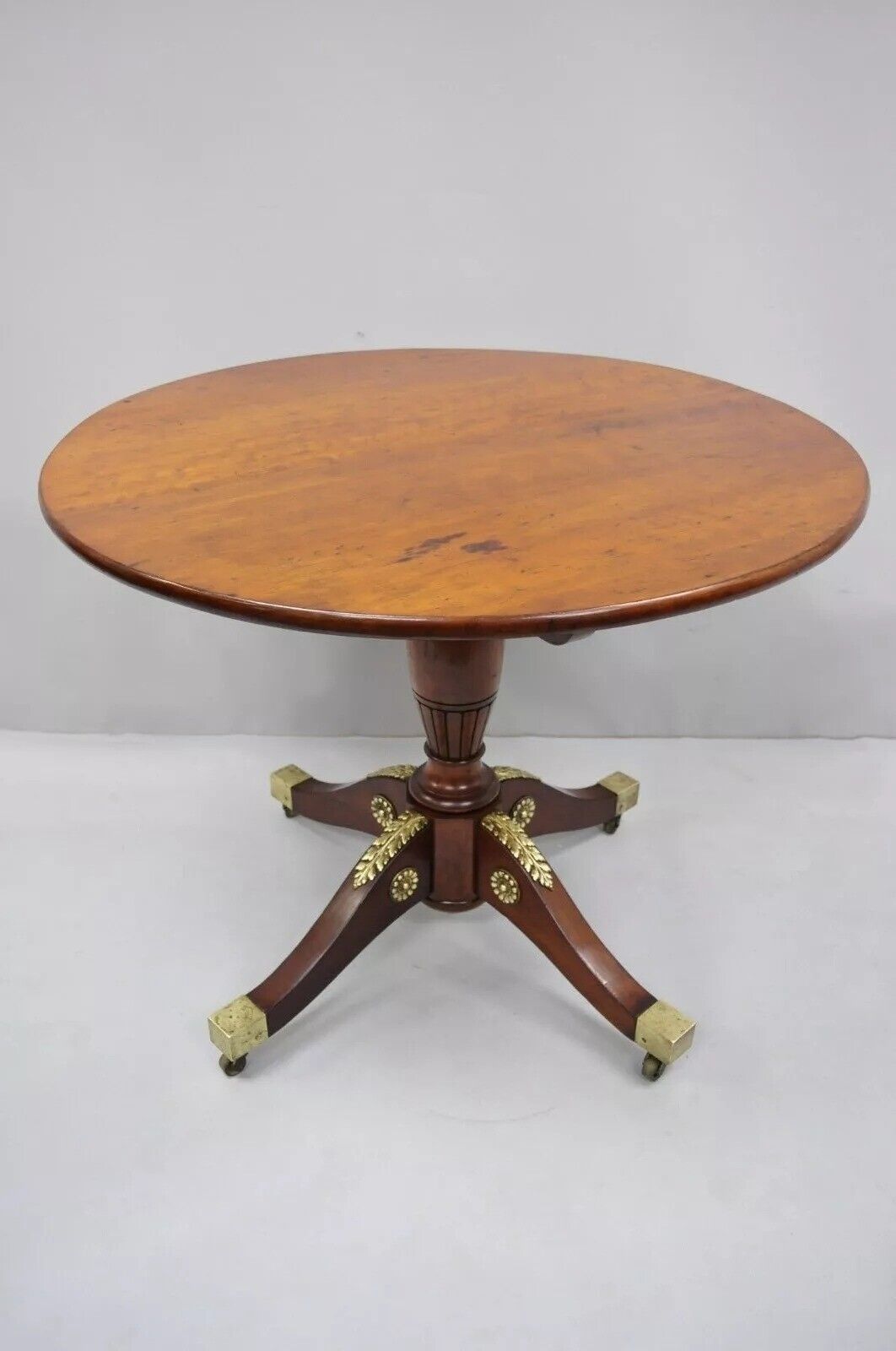 19th C. French Empire Style Round Mahogany Bronze Mount Tilt Top Center Table