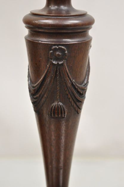 Antique English Edwardian Carved Mahogany Draped Single Candle Stick - Pair