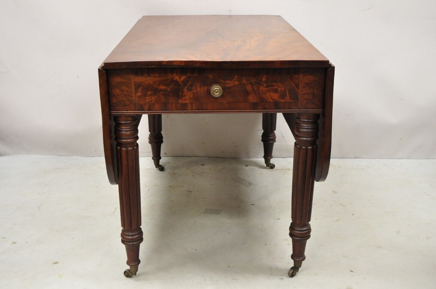 19th C Crotch Mahogany Federal Drop Leaf Breakfast Dining Table w/ Drawer