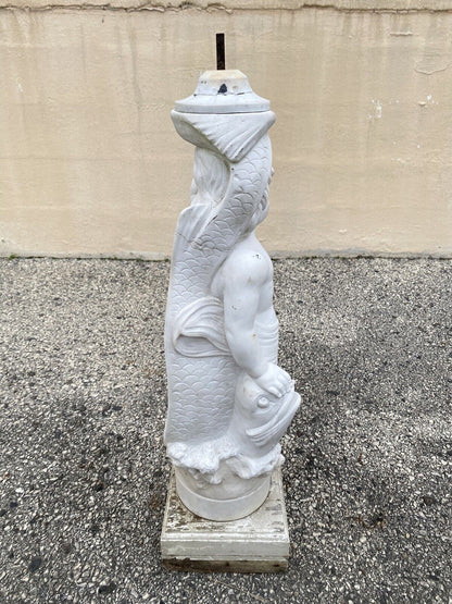 Italian Classical Carved Marble 31" Cherub Dolphin Garden Fountain Statue