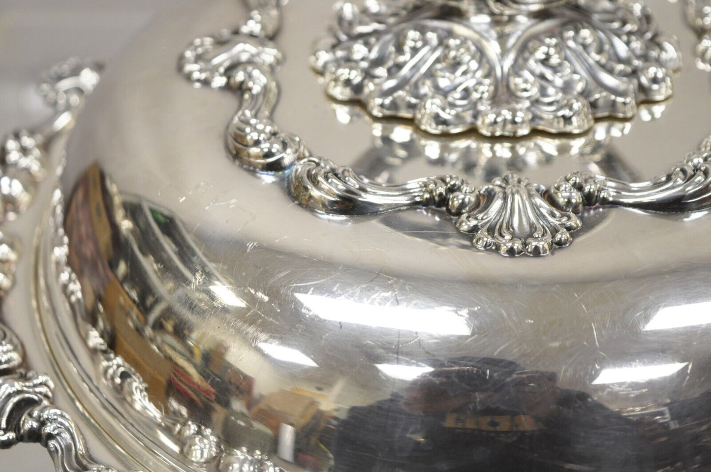 Antique English Victorian Ornate Round Silver Plated Rococo Lidded Serving Dish