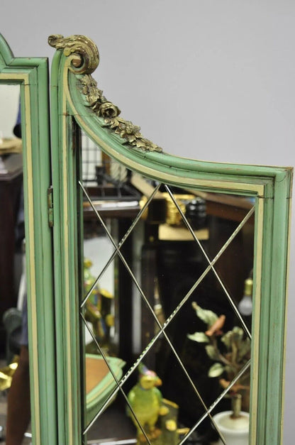 Antique French Louis XV Green Gold 3 Panel Folding Dressing Vanity Screen Mirror