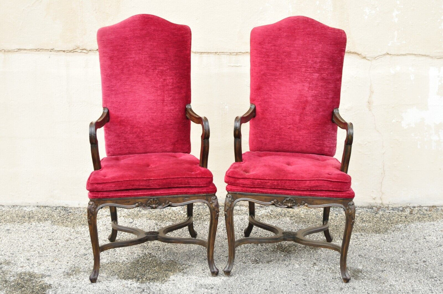 Vintage Italian Country Provincial Carved Walnut Red Dining Chairs - Set of 6