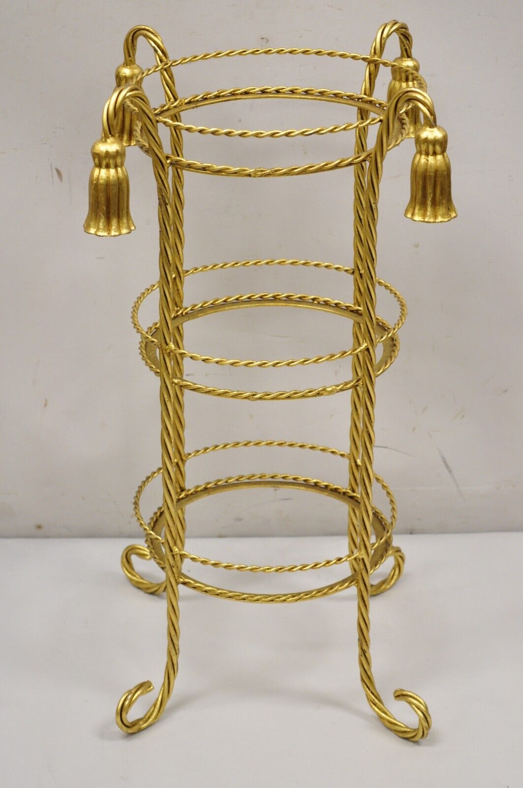 Italian Hollywood Regency 3 Tier Gold Iron Rope Tassel Stand Side Table - Single