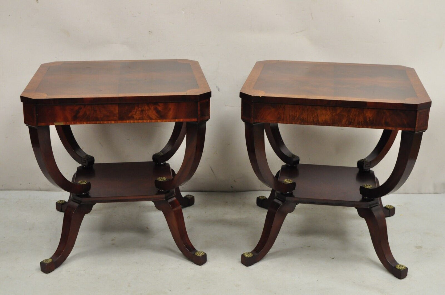 Vintage Regency Style Flamed Mahogany 2 Tier Square End Tables - a Pair