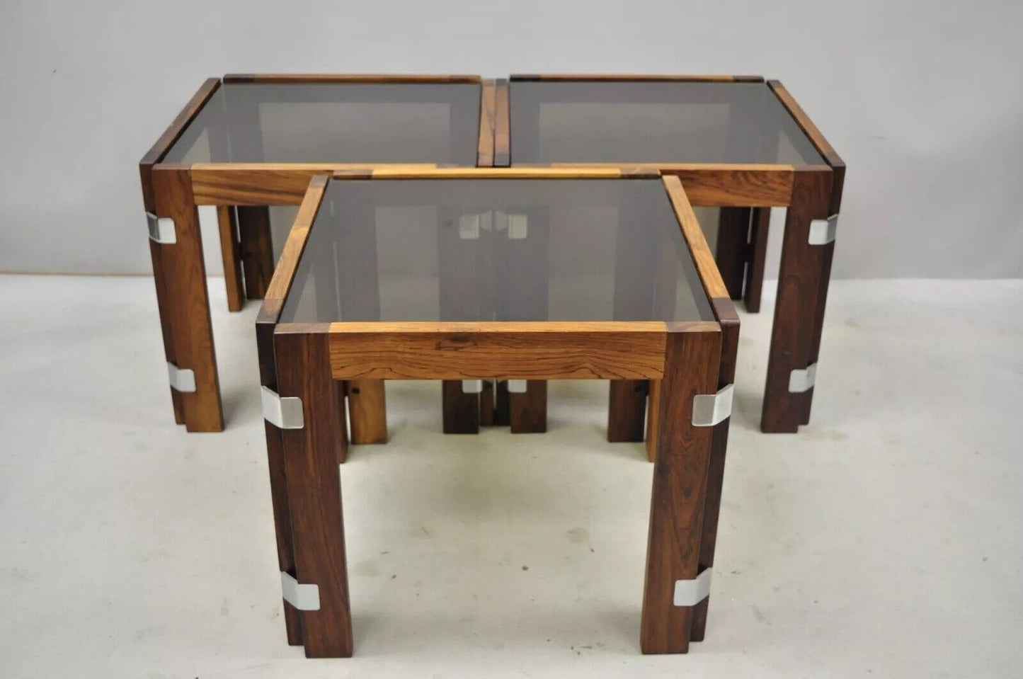 Interior Form Mid Century Danish Modern Rosewood & Glass Side Tables - 3 Pcs