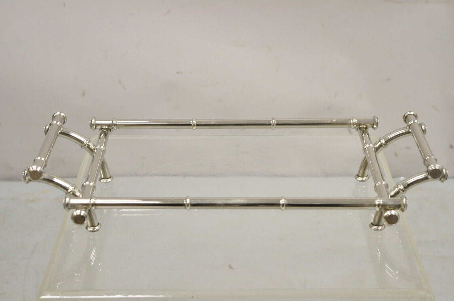 Vtg Italian Hollywood Regency Faux Bamboo Silver Plated Serving Platter Stand