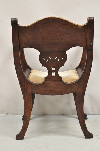 Antique Carved Oak Renaissance Revival Paw Foot Curule Throne Arm Chair