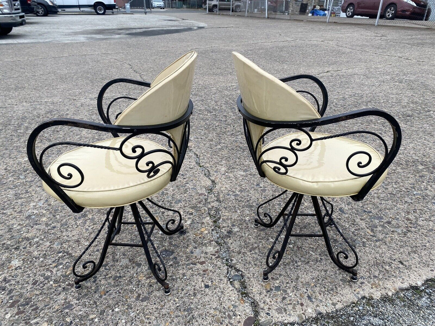 Vintage Hollywood Regency Wrought Iron Butterfly Swivel Club Chairs - Set of 4