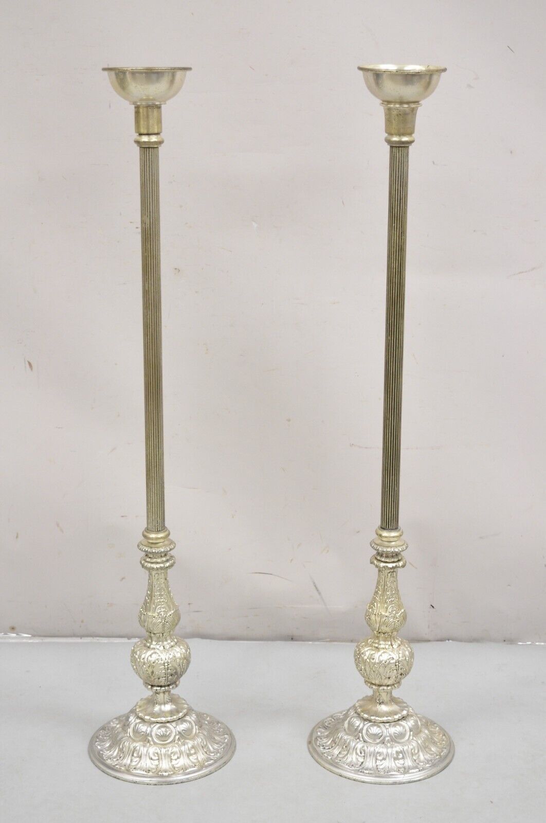 Vtg 43" Tall Baroque Style Silver Plated Collapsible Floor Candlesticks in Box