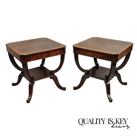 Vintage Regency Style Flamed Mahogany 2 Tier Square End Tables - a Pair