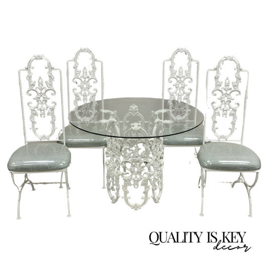 Vintage Hollywood Regency White Ornate Wrought Iron Scroll Dining Set - 5 Pc Set