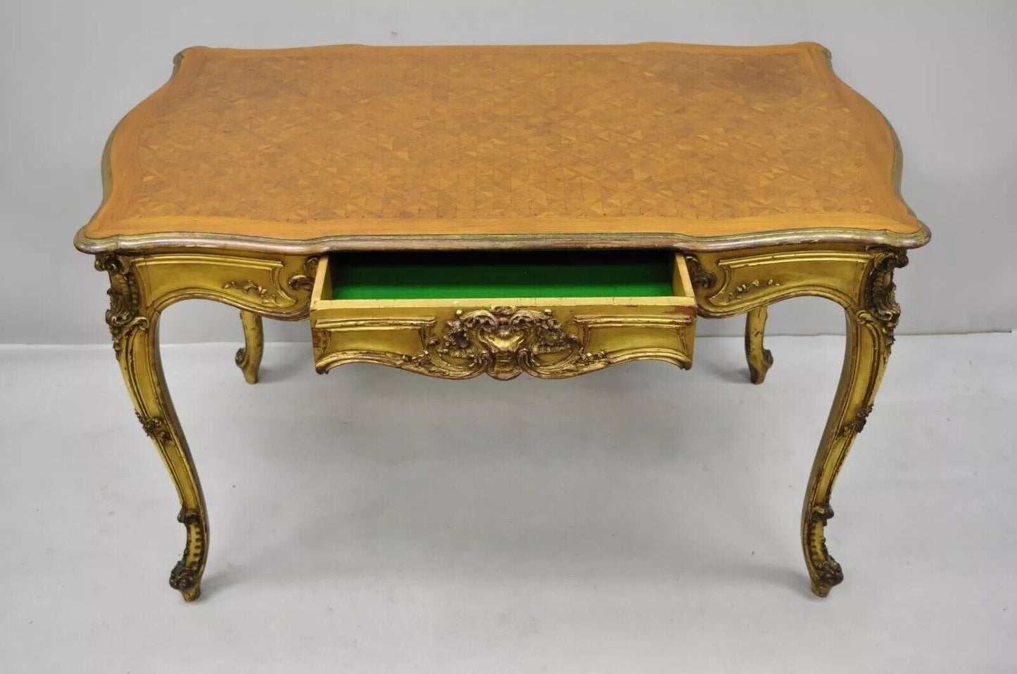 19th C. French Louis XV Style Gold Giltwood Writing Desk w/ Marquetry Inlay Top