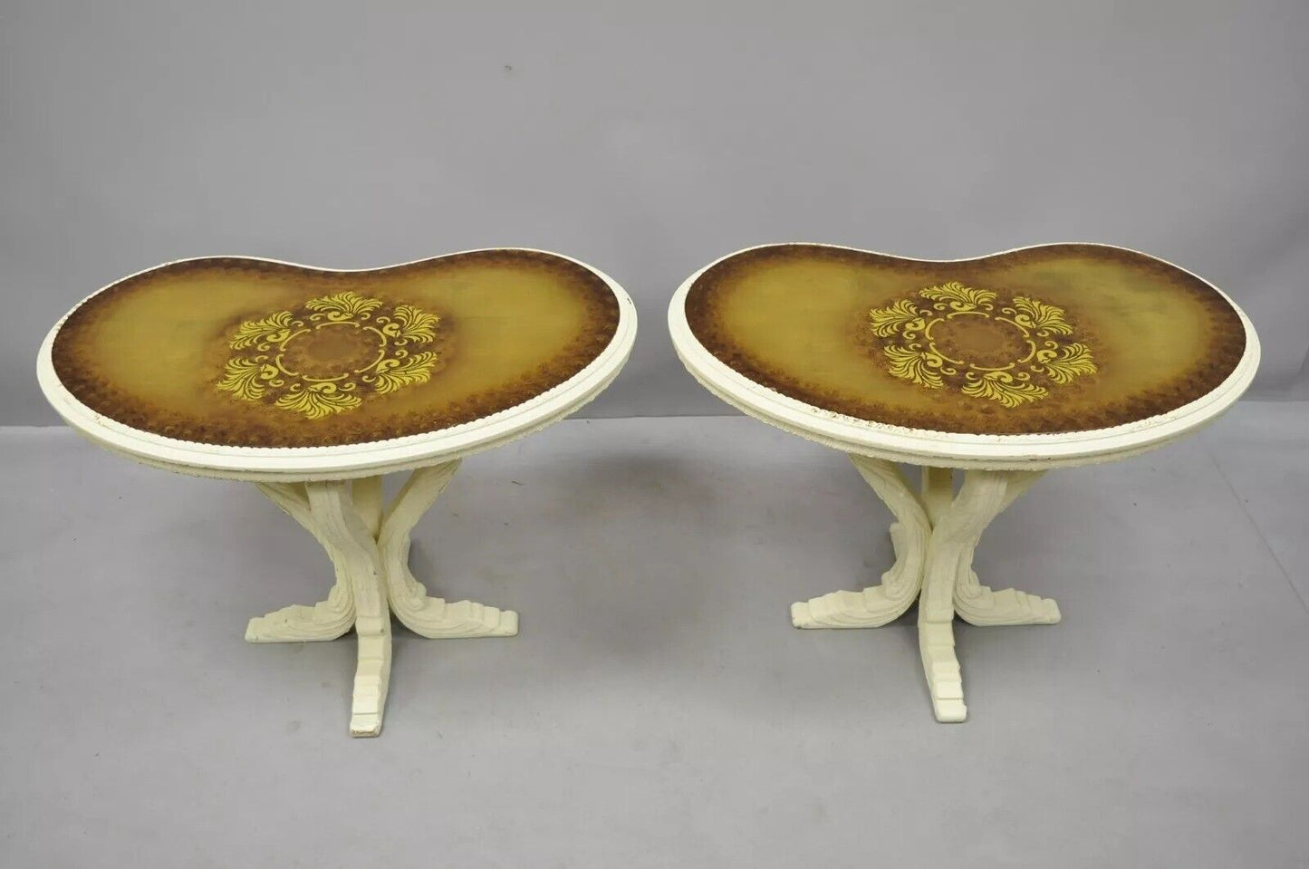 Vintage Hollywood Regency Gold Glass Kidney Shaped White Side Tables - a Pair