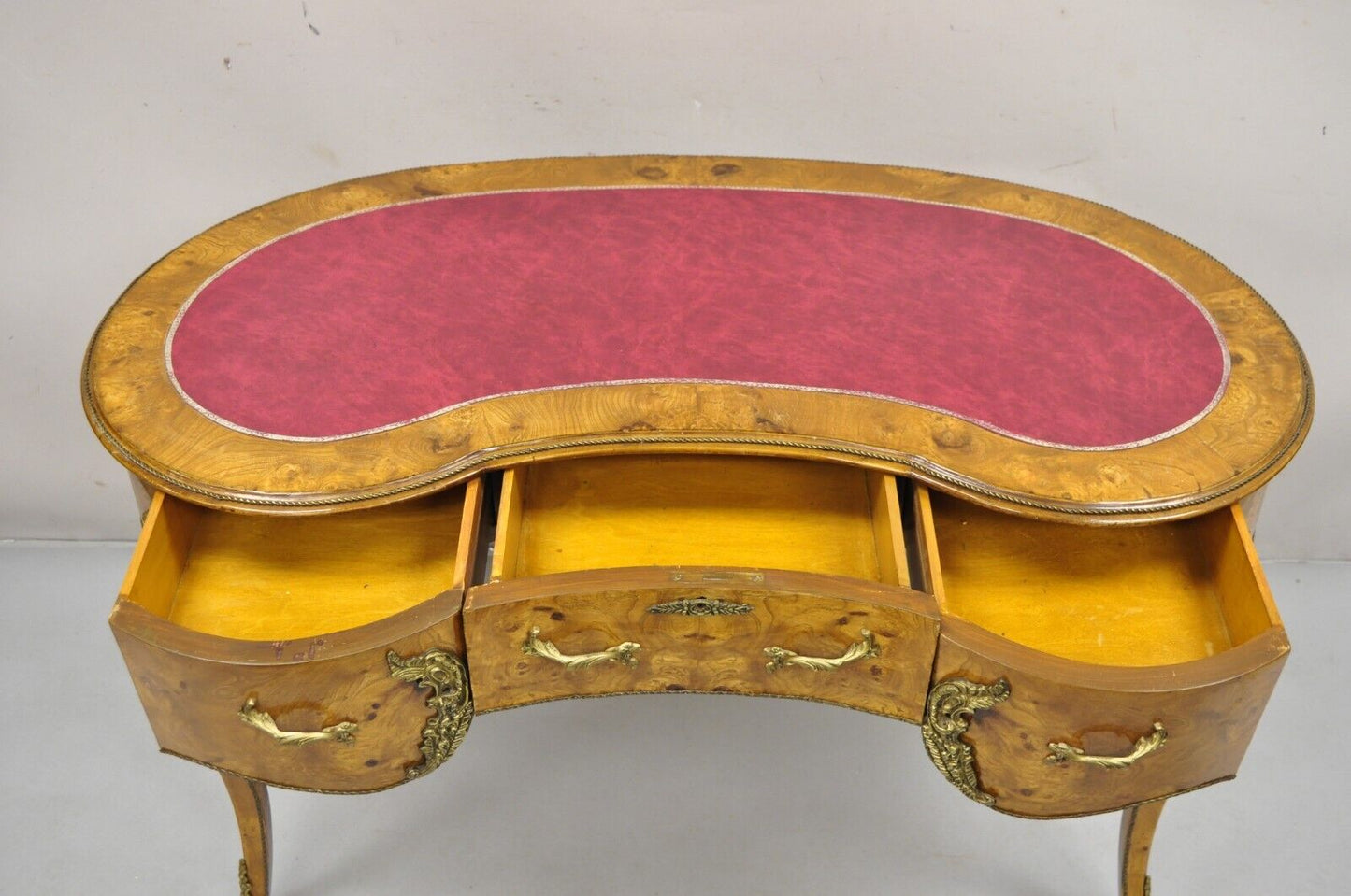 French Louis XV Style Kidney Shaped Leather Top Bronze Mounted 3 Drawer Desk