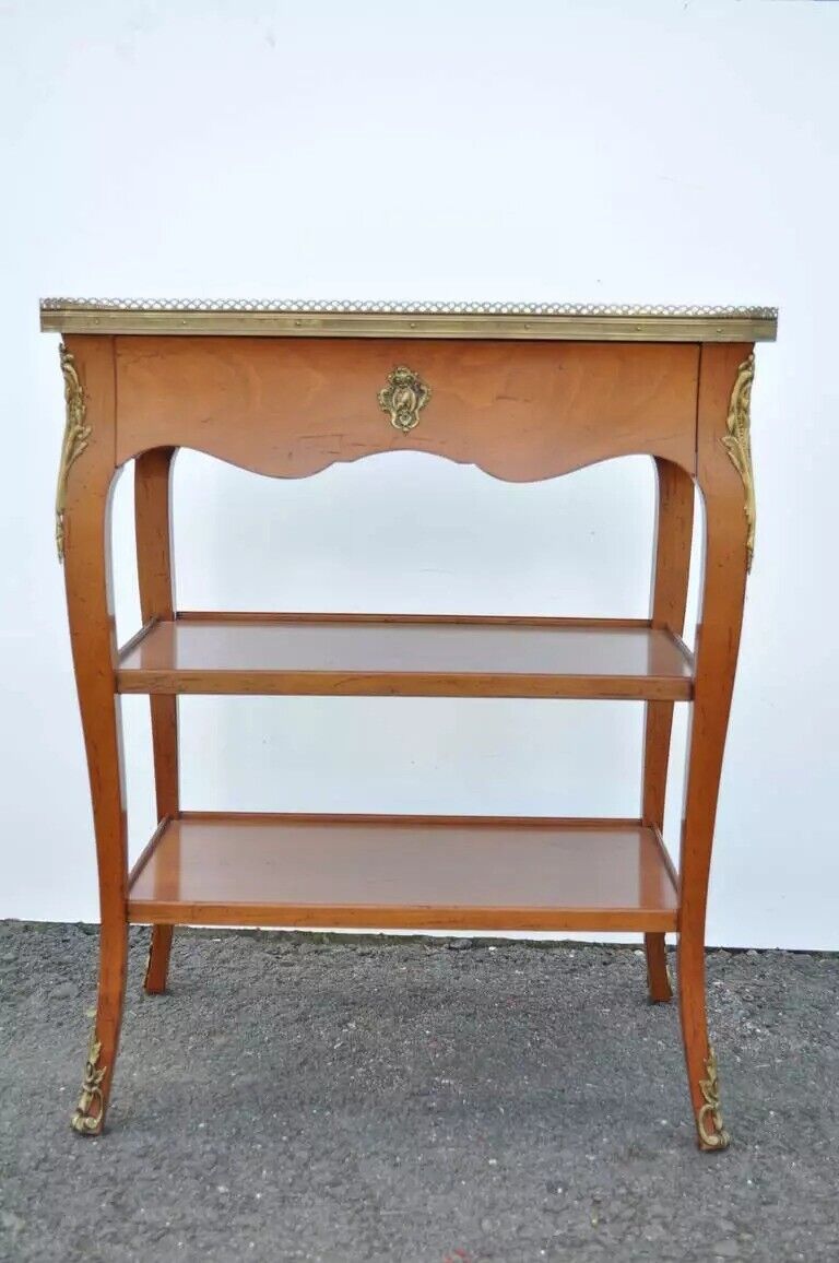 French Louis XV Style Cherry Wood One Drawer Lamp Side Table with Bronze Ormolu