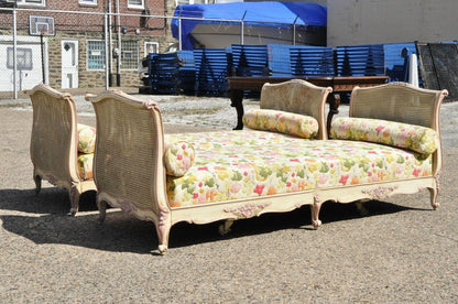 Vintage French Louis XV Style Pink & Cream Painted Cane Bed Daybeds - a Pair