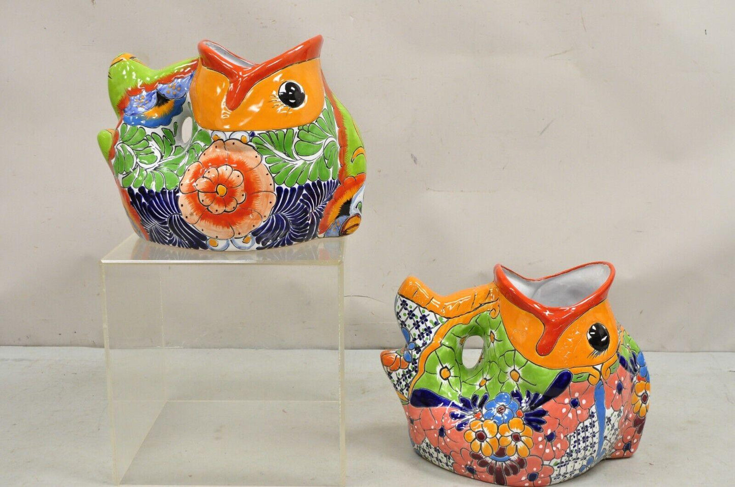 Vintage Mexican Talavera Blue Orange Hand Painted Pottery Fish Planters - a Pair