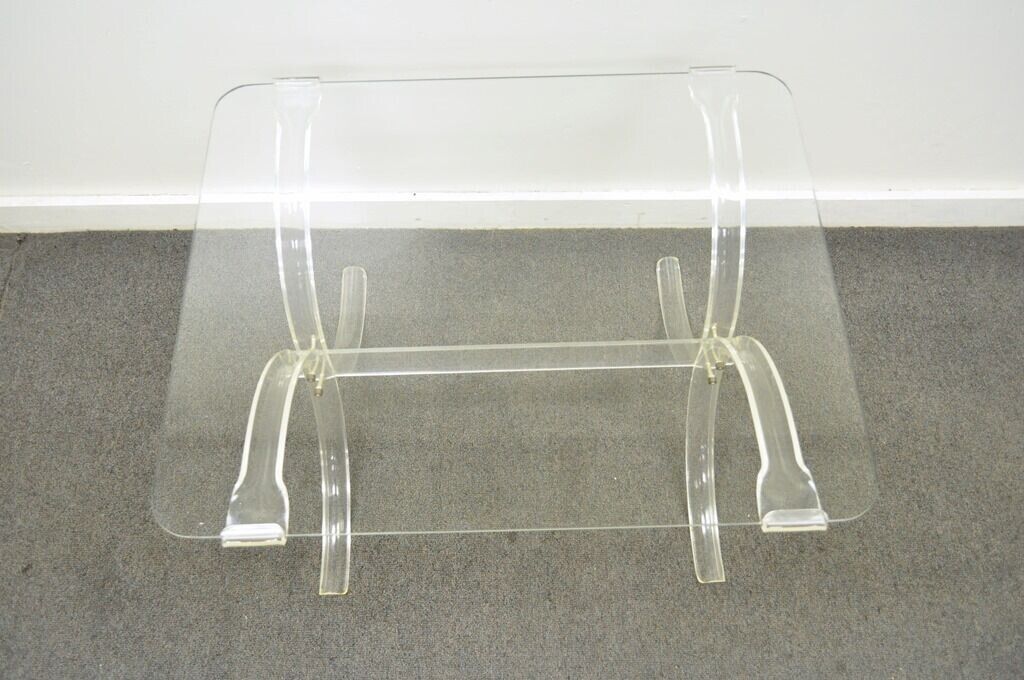 Vintage Mid Century Modern Glass Top Lucite X Form Butterfly Side End Table