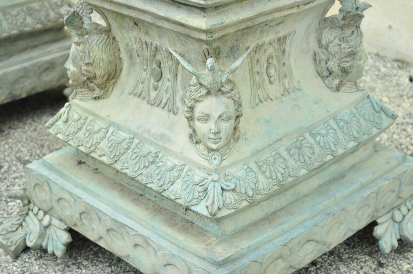 French Louis XV XVI Style Bronze Verdigris 43" Figural Garden Planters - a Pair