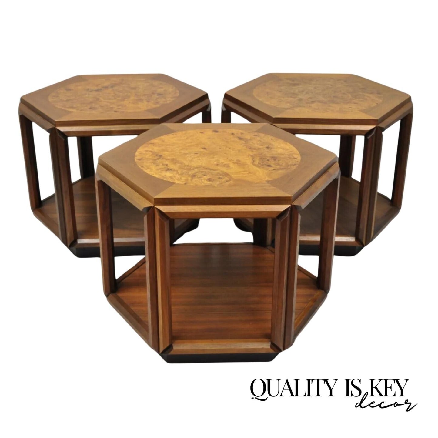 John Keal Brown Saltman Burl Wood Hexagon Mid Century Modern Side Table Set of 3