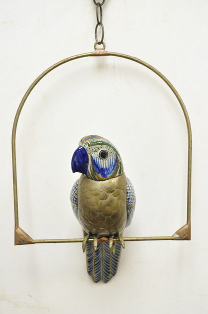 Vintage Sergio Bustamante Brass and Ceramic Perched Parrot Sculpture - a Pair