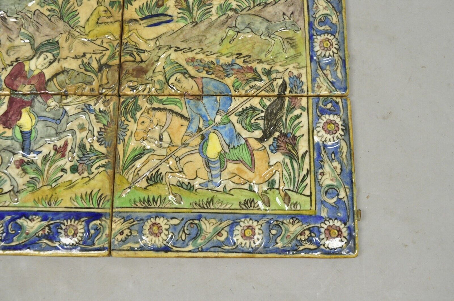 Antique Persian Iznik Qajar Style Ceramic Pottery Tile Mosaic Hunt Scene C7