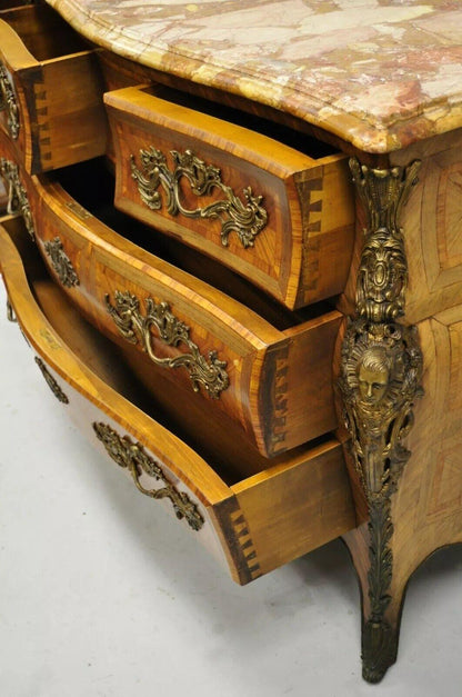 French Louis XV Style Inlaid Marble Top Bombe Commode Chest with Bronze Figures