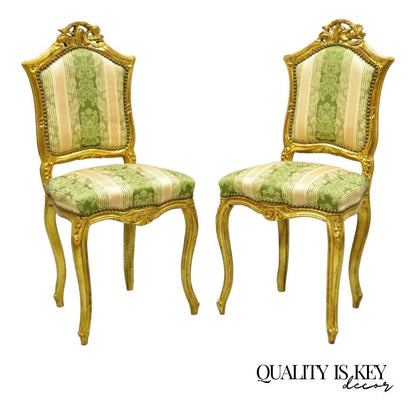 Vintage French Louis XV Style Gold Giltwood Carved Boudoir Side Chairs - a Pair