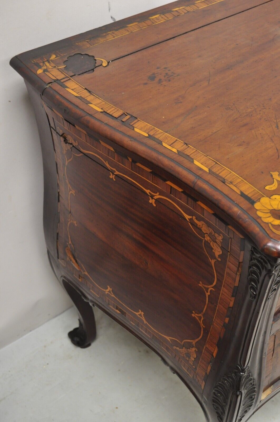 Antique French Louis XV Style Marquetry Inlay Bombe Commode Chest of Drawers TLC