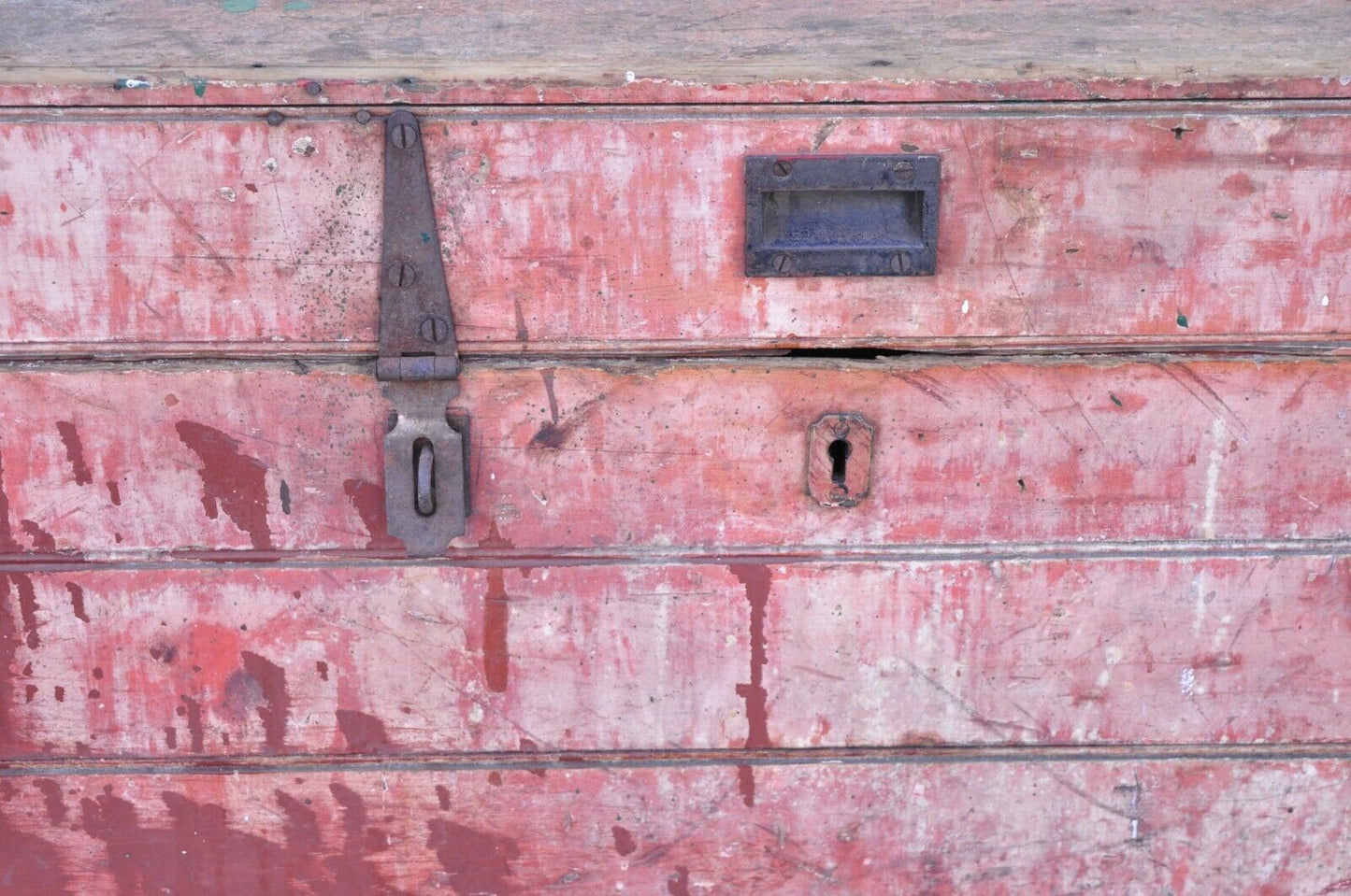 Antique Wood Primitive Country Red Distress Painted Trunk Treasure Blanket Chest